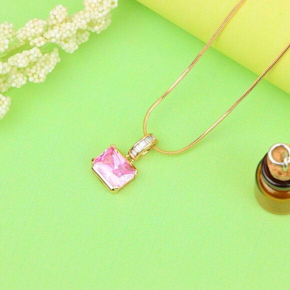 "Chic Pink Emerald Cut Pendant with Baguette Bail in Rose Gold Tone, XPPT1780 - Picture 10 of 13